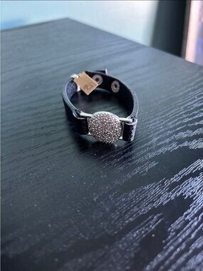 Black Leather type Bracelet with Pave Silver Accent